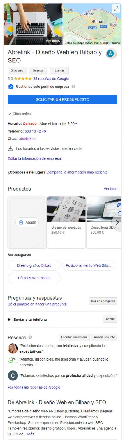 Ejemplo de ficha de empresa en Google Maps: Abrelink - Diseño Web Bilbao y Posicionamiento Web SEO